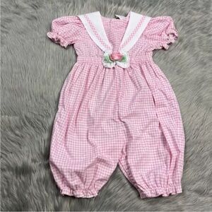 Vintage Baby Girls Pink White Checkered Jumpsuit Romper